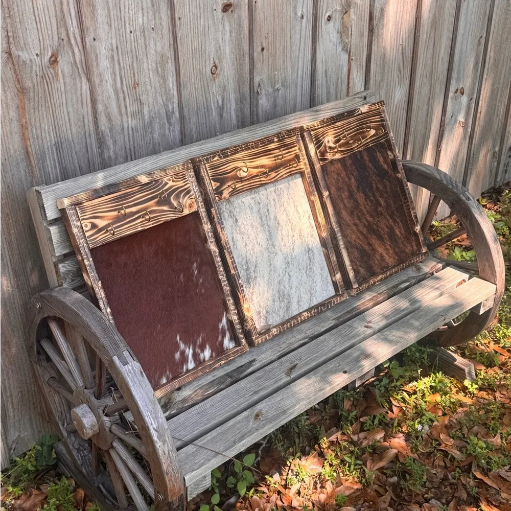 Rustic Wooden Framed Mirror - Distressed Brown Frame - cowhide Jewlery holder